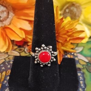 Red Coral Silver Ring - Size 8 1/4